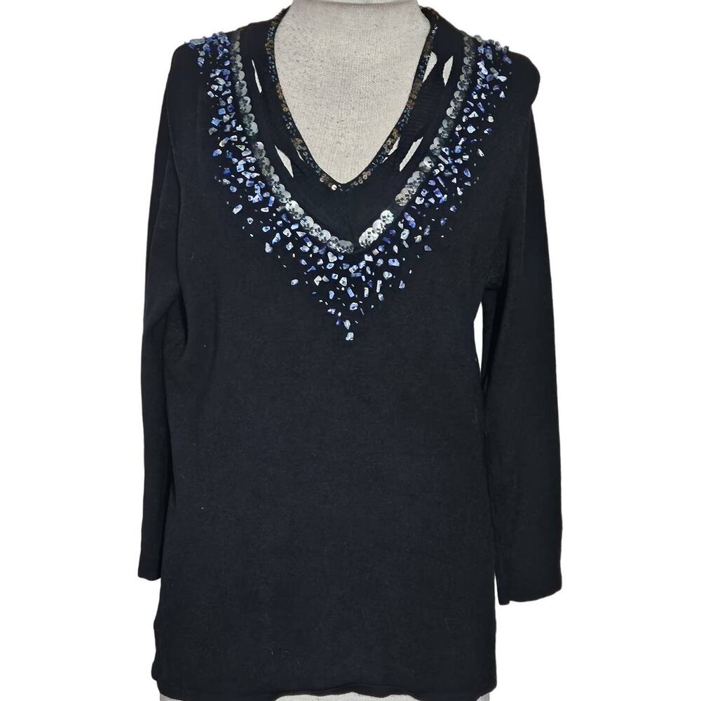 Black Embellished V Neck Sweater Size Medium